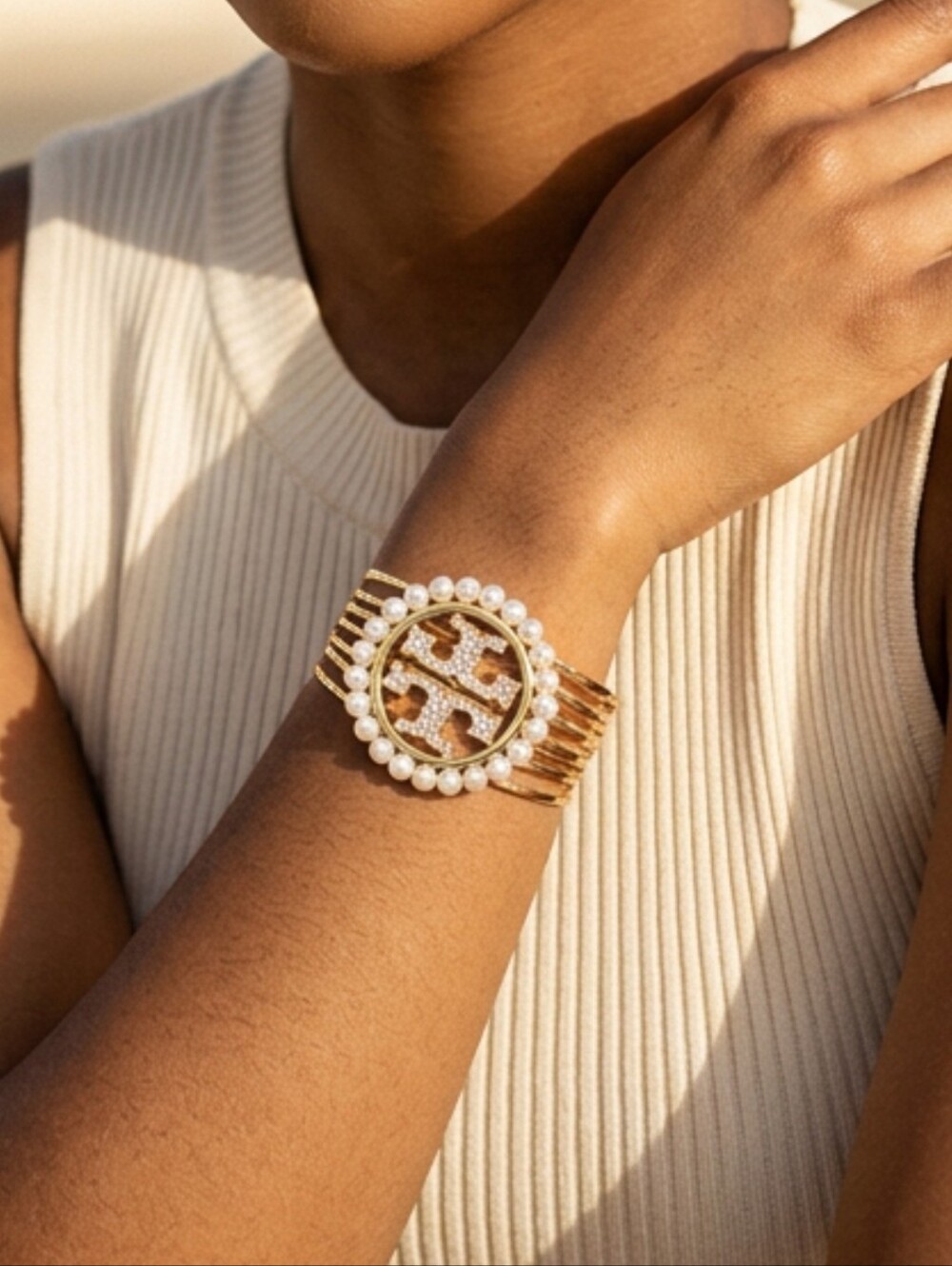 Crystal Tory Style Gold Pearl-Trimmed Logo Cuff Bracelet, Adjustable